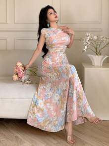 Modelyn 女士褶皱腰身修身斜肩印花连衣裙，春夏款 - 彩色 - 查看 1