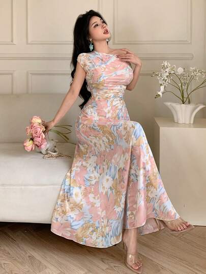 Modelyn Women's Ruched Waist Fitted Oblique Shoulder Floral Print Dress, Spring/Summer