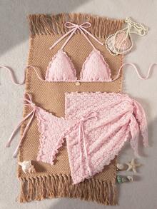 Swim Mod 泳装三件套，纯色花卉纹理面料，珍珠贝壳装饰荷叶边挂脖三角文胸，侧系带泳裤和迷你裙性感比基尼泳装套装，春夏沙滩裙套装，钩针编织泳衣，钩针编织两件套，钩针编织比基尼套装，三件套比基尼套装 - 淺粉色 - 查看 1