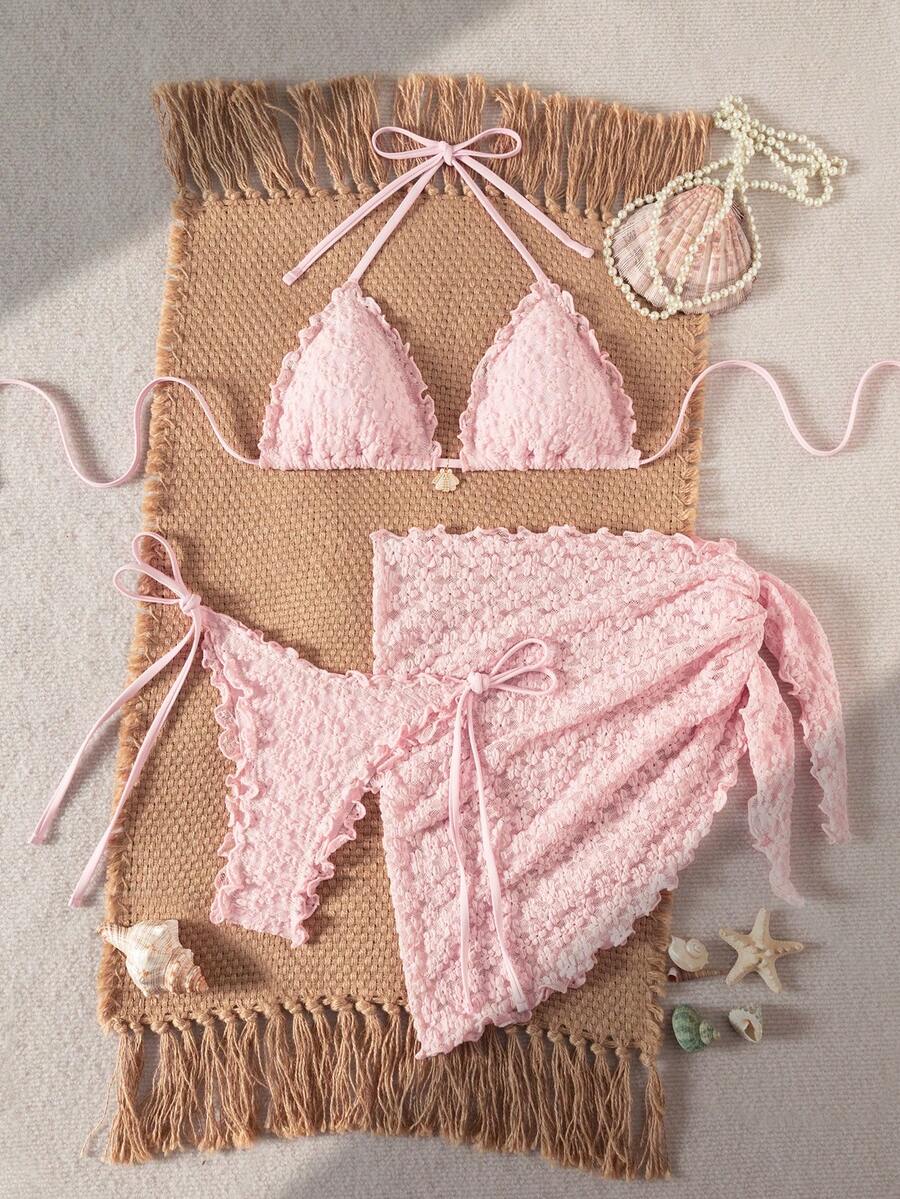 Swim Mod 泳装三件套，纯色花卉纹理面料，珍珠贝壳装饰荷叶边挂脖三角文胸，侧系带泳裤和迷你裙性感比基尼泳装套装，春夏沙滩裙套装，钩针编织泳衣，钩针编织两件套，钩针编织比基尼套装，三件套比基尼套装 - 淺粉色 - 查看 1