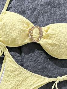 Swim Mod Conjunto de bikini con tirantes de espagueti y decoración metálica de tela jacquard para mujer, primavera/verano - Amarillo - Ver 5