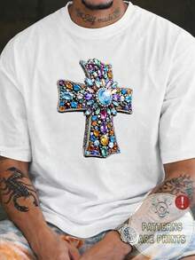 Manfinity Dauomo 男士休闲十字印花圆领短袖T恤，夏季 - 白色 - 查看 1