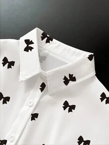 SHEIN Women's Bow Print Loose Long Sleeve Shirt - White - View 5