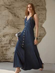 MOTF PREMIUM DENIM FOLD PLEATED BUST SLIP DRESS, SPRING/SUMMER - Dark Wash - View 6