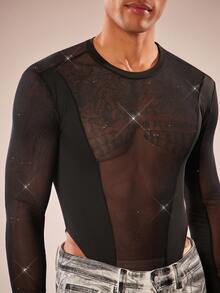 FeverCity Men's Round Neck Long Sleeve Mesh Patchwork Sexy Sheer Jumpsuit - Black - View 8