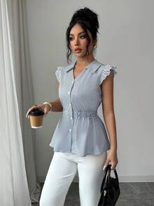 Elenzga Women's Fashion Striped Collar Design Cap Sleeve Cinched Waist Button Blouse, Elegant For Daily, Vacation, Outing, Party, Spring/Summer - Multicolor - View 3