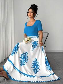 Elenzga 大码女式优雅修身旗袍式印花短袖连衣裙，春夏款，大学校园装扮，蝴蝶结西部度假连衣裙 - 藍色 - 查看 1