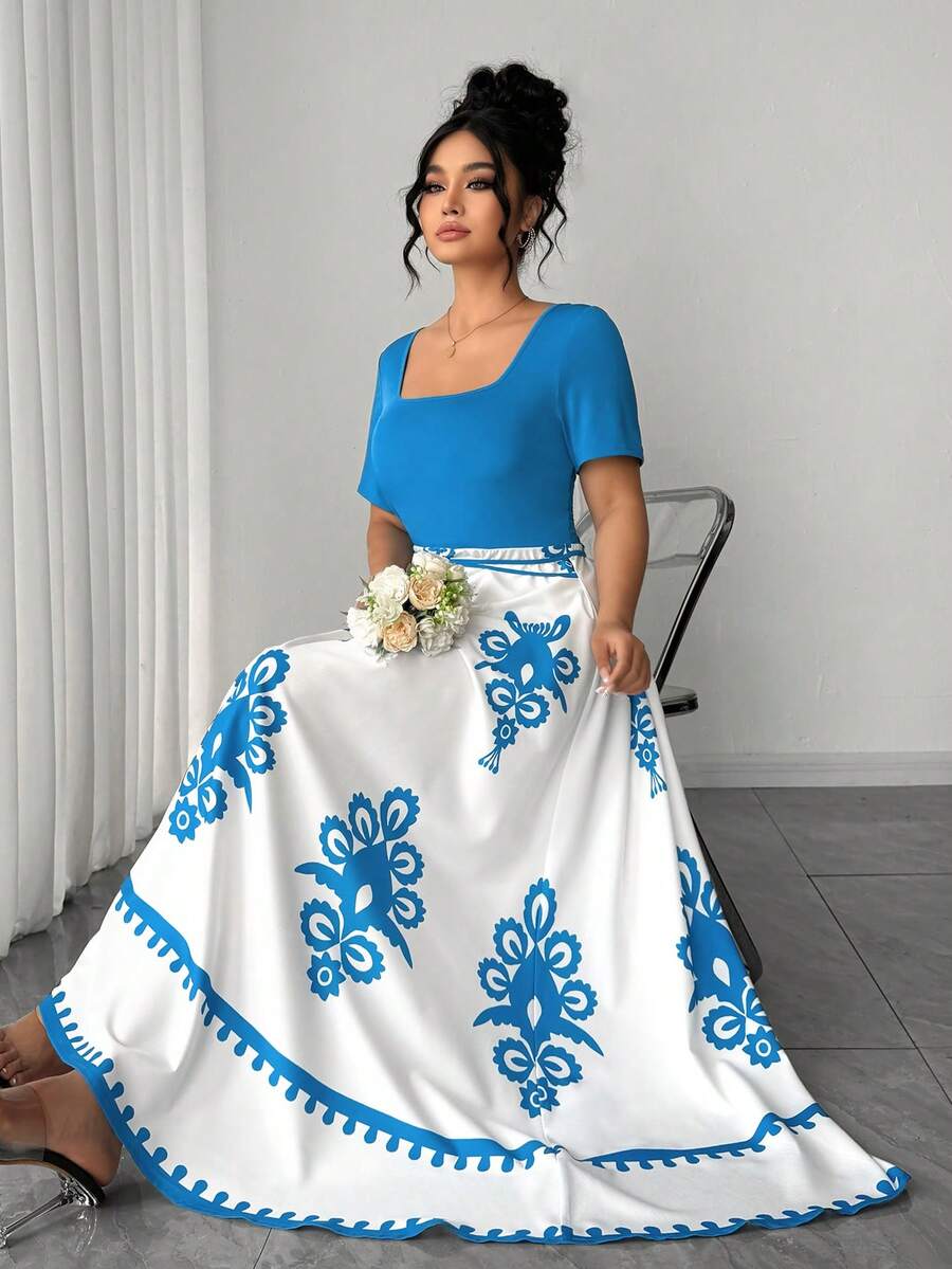 Elenzga 大码女式优雅修身旗袍式印花短袖连衣裙，春夏款，大学校园装扮，蝴蝶结西部度假连衣裙 - 藍色 - 查看 1