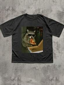 Glimmora 趣味浣熊吃披萨图案T恤，动物图案T恤，男女皆宜 - 黑色 - 查看 3