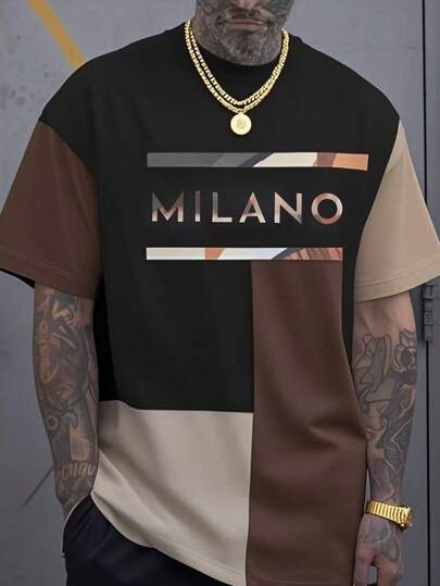 Manfinity Dauomo Herren Große Größen 3D Buchstaben bedrucktes lässiges Kurzarmoberteil, locker geschnittene Kleidung, multifunktionales Herren Top, Buchstaben Muster T-Shirt, T-Shirt in Große Größen, Allover-Muster, modernes Layout Top, Freizeitbekleidung, digital bedruckter Stoff, geeignet für alle Jahreszeiten