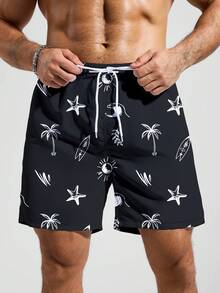 Manfinity Swimmode Quần short nam in hình sao biển và cây dừa, cạp chun có túi, kiểu dáng thường ngày, đa năng, thích hợp đi biển. - màu đen - Xem 2