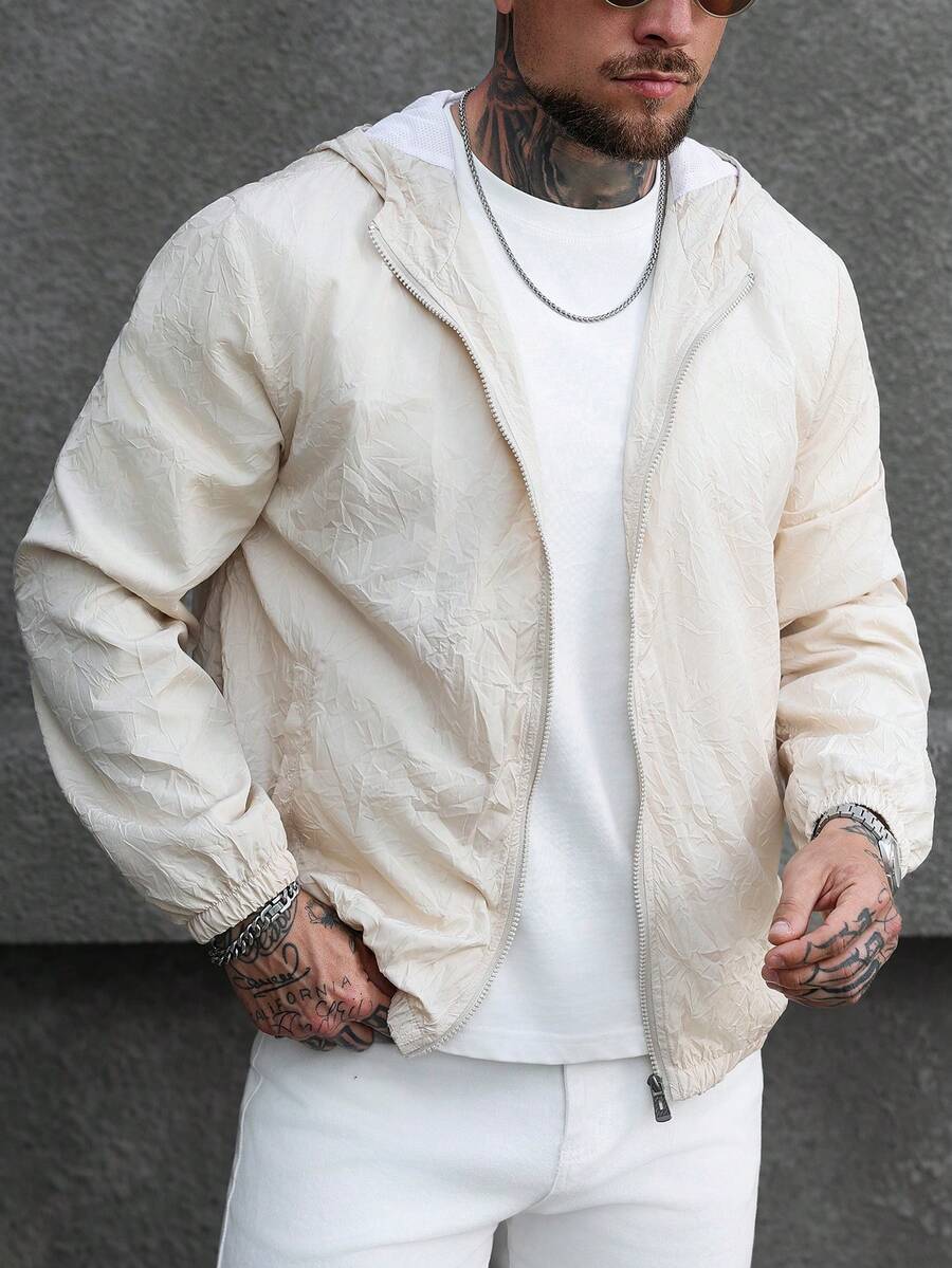 SLATEMANN Men's Solid Color Long Sleeve Zip Front Pocket Hoodie Jacket - Khaki - View 1