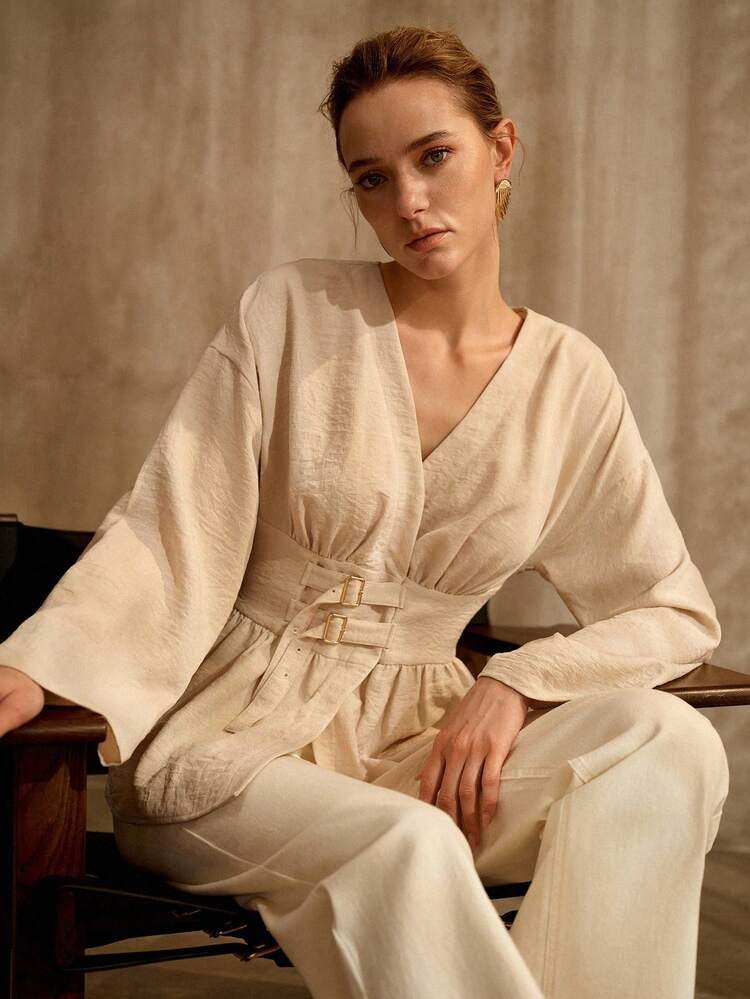 ELEGANT HIGH-END DESIGN ADJUSTABLE BUCKLE CINCHED WAIST V-NECK LONG SLEEVE LINEN BLOUSE