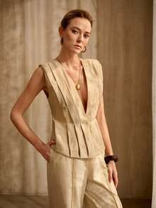 MOTF PREMIUM 女士V领杏色小众时尚百搭优雅修身无袖外套 - 杏色 - 查看 5