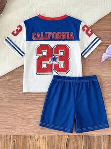 SHEIN Conjunto de camiseta de manga corta con cuello redondo y estampado de letras deportivo, y pantalones cortos para bebé niño - Multicolor - Ver 8