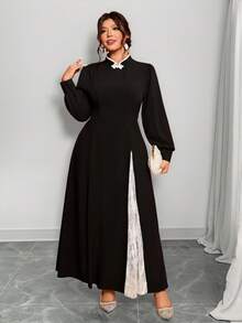 Cravure Elegant Vintage French Romantic Lace & Mesh Contrast Color Stand Collar Button Front Dress, Suitable For Commuting - Black - View 4