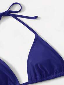 Swim Basics 女士纯色挂脖系带性感比基尼泳装套装，夏季沙滩 - 藏蓝色 - 查看 4