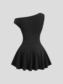 SHEIN Sweetro 女士性感优雅时尚单肩不对称金属扣装饰修身荷叶边迷你连衣裙，适合春、夏、秋季穿着。 - 黑色 - 查看 2