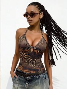 Slouenne Slouenne Spring/Summer New Sexy Tank Tops: Featuring Curves, Snake Print, Zebra Print, Animal Print Patchwork, Abstract Pattern Prints, Halter Neck, Tie-Up Design, Open Back, Street Style, Versatile And Suitable For Various Occasions. - Brown - View 3