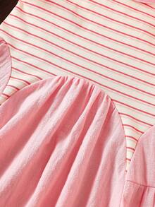 SHEIN Playful Pals 女婴条纹优雅时尚百搭连衣裙，春夏百褶连衣裙，女婴条纹连衣裙，女婴无袖连衣裙，女婴纯棉连衣裙，夏季百褶连衣裙，2-3岁女童夏季连衣裙 - 橘色 - 查看 5
