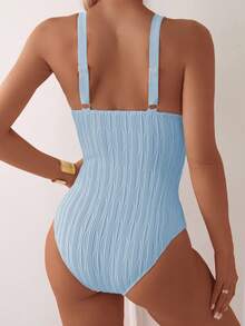 Swim Basics 女士纯色V领休闲度假沙滩泳池连体泳衣 - 藍色 - 查看 2
