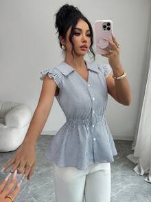 Elenzga Women's Fashion Striped Collar Design Cap Sleeve Cinched Waist Button Blouse, Elegant For Daily, Vacation, Outing, Party, Spring/Summer - Multicolor - View 5