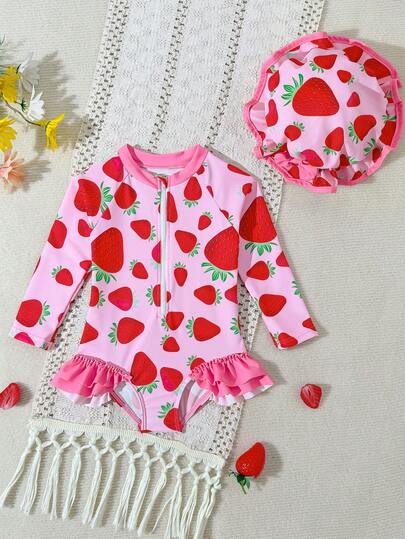 SHEIN GraphicGems Baby Girls' Cute Pink Strawberry Ruffle Trim One-Piece Swimsuit, Stretchy & Comfortable For Summer Swimming Toddler Strawberry Swimsuit With Hat Baby Strawberry Swimsuit Baby Girl Rash Guard Swimsuit Toddler One Piece Swimsuit Baby Sun Protection Swimsuit
