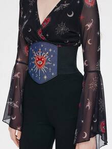 ROMWE Goth 一件式女士剑形爱心星星月亮刺绣图案装饰深色系弹力腰带束腰连衣裙牛仔裤配饰日常百搭 - 牛仔藍寶劍愛心腰封 - 查看 3