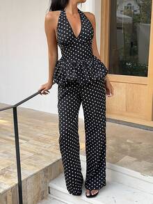 Sunnyshic Bộ đồ 2 mảnh gồm áo hai dây hở lưng in chấm bi đen với viền bèo nhún và quần ống rộng cạp cao, thanh lịch, thoải mái, phù hợp cho mùa xuân/hè, đi nghỉ mát, hẹn hò, mua sắm. - màu đen - Xem 6