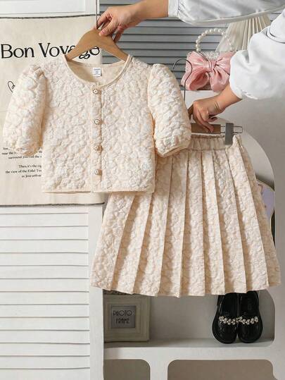 Genkimix Kids Girls Casual Elegant White Shiny Jacquard Pearl Button Cardigan Top Paired With Pleated Skirt Set Kids Two Pieces Jacket With Skirt 2pcs Set Toddler Girls Cute Vintage Style 2 Piece Skirt Set For Girl