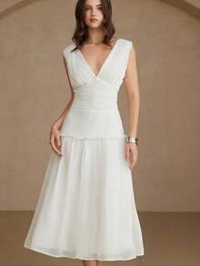 Aveloria Rosie Lightweight Chiffon Fabric, Pure White, Minimalist Modern Style, Deep V-Neck Design, Ruched Waist Element, Ruffled Hem, Soft Material, A-Line Floating Silhouette, Elegant Flowing Feel, Slimming Fit, Romantic Date, Summer Party, Beach Vacation, Bridesmaid, Art Exhibition, Evening Gala, Multi-Occasion Suitable. Fashionable Design Sense, Versatile Casual Women V-Neck Ruched Waist Sleeveless Long Dress - White - View 5