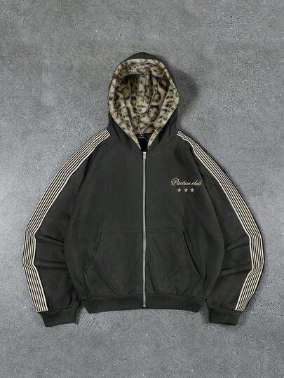 PAVTROS 男士街头风复古连帽衫，针织连帽开衫，卫衣，豹纹绒面面料，奢华品质，品牌Logo，可定制，街头风，日常穿着，时尚单品，户外休闲，返校季，节日礼物，男友礼物，老公礼物