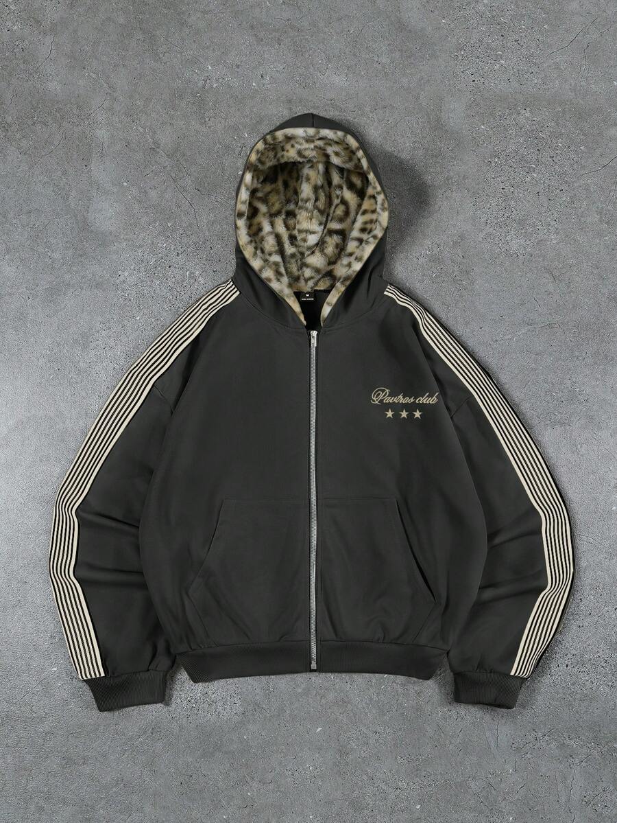 PAVTROS 男士街头风复古连帽衫,针织连帽开衫,卫衣,豹纹绒面面料,奢华品质,品牌Logo,可定制,街头风,日常穿着,时尚单品,户外休闲,返校季,节日礼物,男友礼物,老公礼物 - 深灰色 - 查看 1