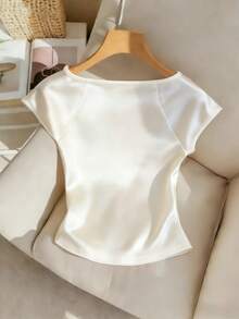 GlowEve Women's Knitted Elastic Satin Glossy Scoop Neck Raglan Sleeve Hooded Waist Fitted Studded Luxurious Elegant Casual T-Shirt - White - View 2