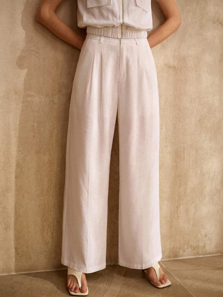 WOMEN'S WHITE FOLDED HEM LINEN BASIC ELEGANT OFFICE SUIT PANTS