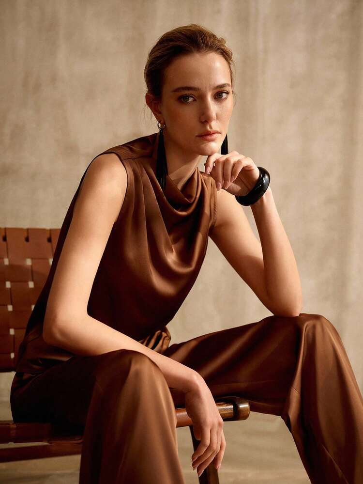 2PCS SET: SLEEVELESS SATIN DRAPE NECK TOP AND STRAIGHT LEG SATIN PANTS, VINTAGE STYLE, SPRING/SUMMER