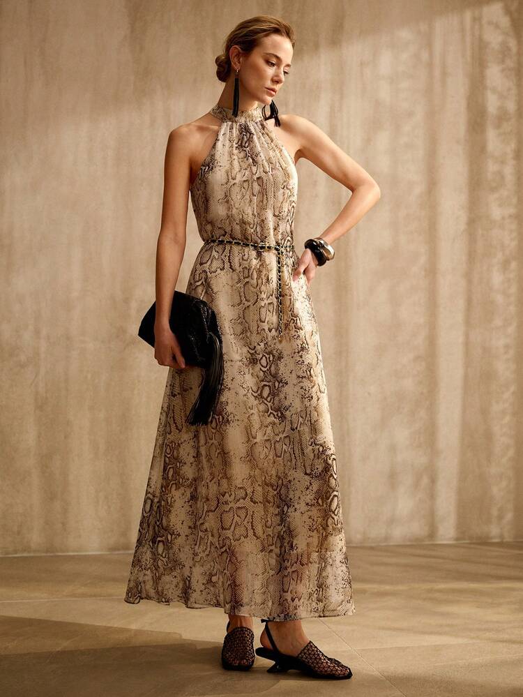 MINIMALIST FASHIONABLE HALTER FAUX SNAKE SKIN PRINT SLEEVELESS DRESS, ANIMAL PRINT, SPRING/SUMMER