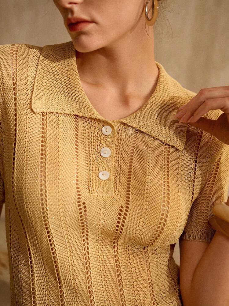 VINTAGE STYLE HOLLOW OUT HALF-PLACKET KNIT SHORT SLEEVE POLO SHIRT, SPRING/SUMMER