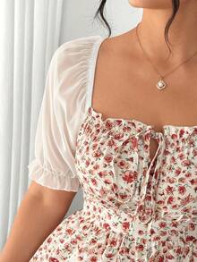 Vestido corto de estilo francés para mujer de talla grande, con nuevo diseño de verano, cuello cuadrado, mangas de pétalos de gasa, cintura ceñida y ajuste delgado - Rosa - Ver 8