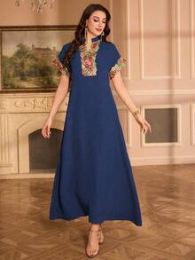 Al Najma Embroidered Collar Floral Raglan Sleeve Stand Collar Elegant Dress - Royal Blue - View 6