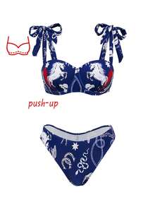 Swim Oasis 女士性感聚拢钢圈比基尼套装，交叉肩带印花设计 + 配套薄纱沙滩裤，春夏款 - 藏蓝色 - 查看 4