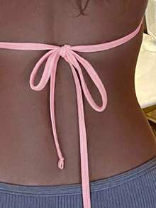 Swim Basics 女士性感露背系带挂脖比基尼上衣，简约纯色，适合海滩和度假穿着 - 淺粉色 - 查看 3
