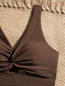 Swim Vcay Women's Solid Color Minimalist Daily Swimwear Set - Coffee Brown - View 4