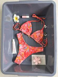 Swim Mod 女士随机印花挂脖金属装饰高衩比基尼套装，春夏款 - 彩色 - 查看 2
