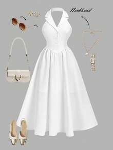 SHEIN MOD Vestido midi blanco de cuello halter talla grande, elegante para la oficina/ir al trabajo, primavera/verano - Blanco - Ver 8
