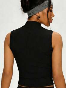 女士黑色高领无袖运动背心修身弹力健身上衣 - 黑色 - 查看 2