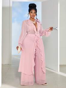 Maweii Plus Size Women Deep V-Neck Ruffle Hem Long Top And Wide Leg Pants Casual Suit Fall - Dusty Pink - View 3