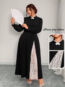 Cravure Elegant Vintage French Romantic Lace & Mesh Contrast Color Stand Collar Button Front Dress, Suitable For Commuting - Black - View 1