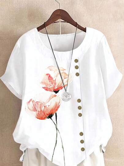 Linhara CURVE Plus Size Bohemian Style Vacation Short Sleeve Button-Up Shirt With Placement Print