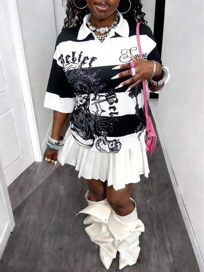 Resyla Women's Casual Polo Shirt, Portrait Graphic, Black & White, Fashionable Street Style, Short Sleeve, Striped Classic Pattern, Versatile For Outdoor, Commute, Travel, Sports, Loose Fit, Comfortable